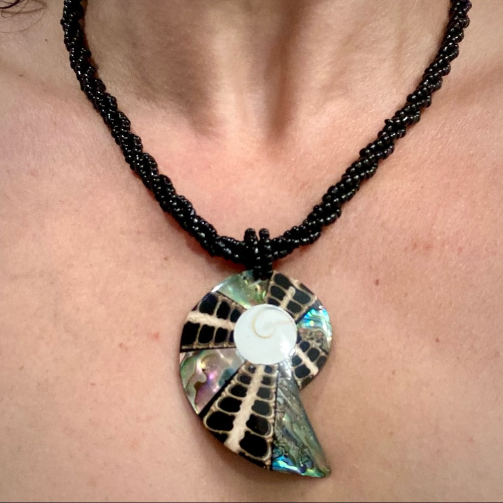 Abalone conch shell Mexican seed beaded statement necklace Handmade
